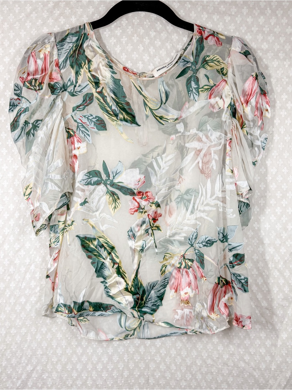 Amanda Uprichard Green Pink White Sheer Floral Puff Sleeve Top